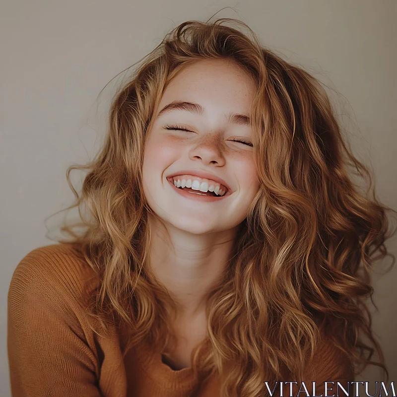 Joyful Portrait of a Freckled Woman AI Image