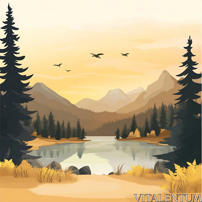 Peaceful Mountain Sunset with Reflective Lake and Pines AI Image