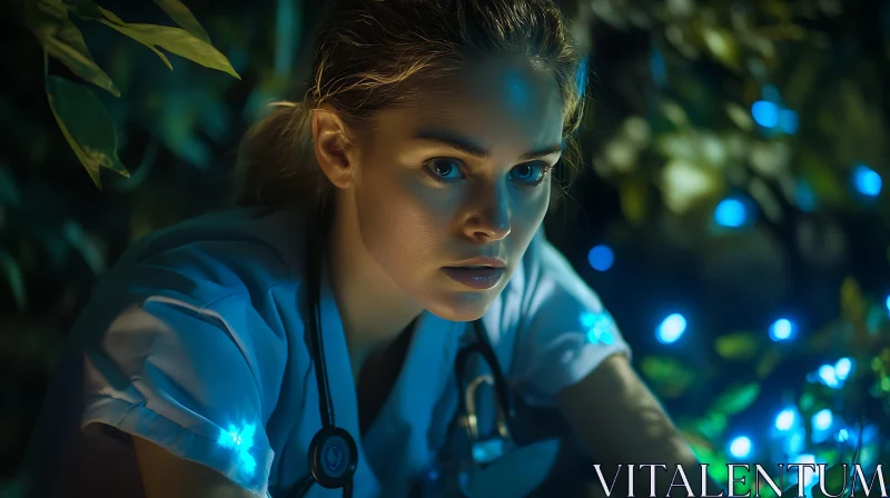 Nurse Enveloped in Blue Illumination and Greenery AI Image