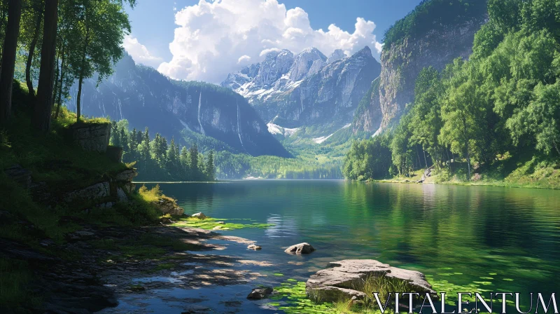 Tranquil Mountain Lake and Forest Scene AI Image