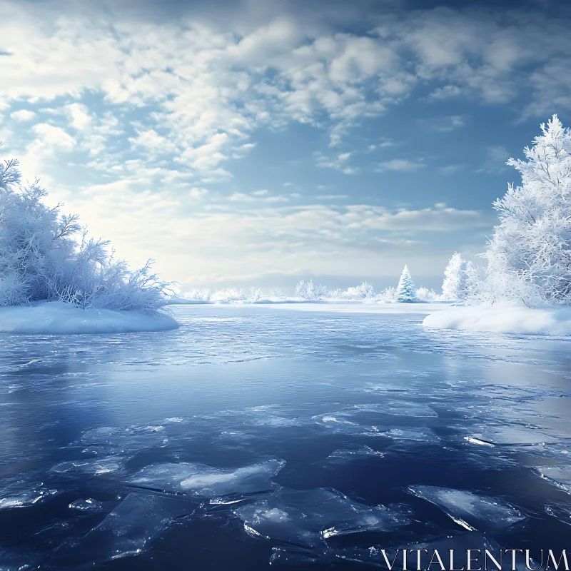 Tranquil Winter Scene Featuring a Frozen Lake AI Image