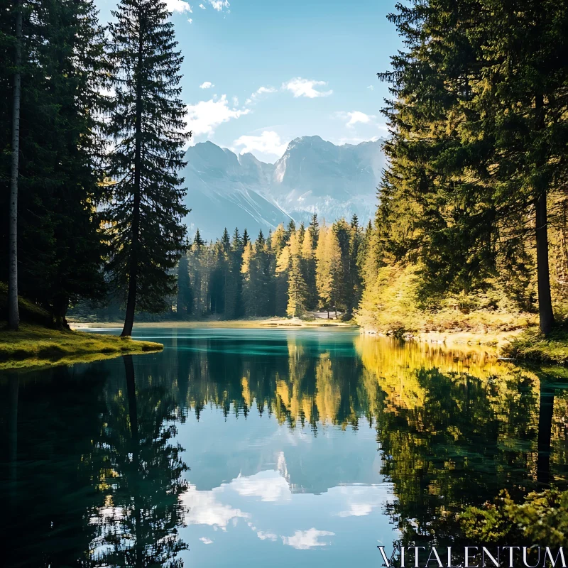 AI ART Serene Mountain Lake with Forest Reflection