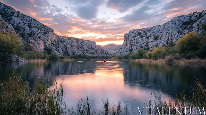 Serene Sunset over Mountain Lake with Kayakers AI Image