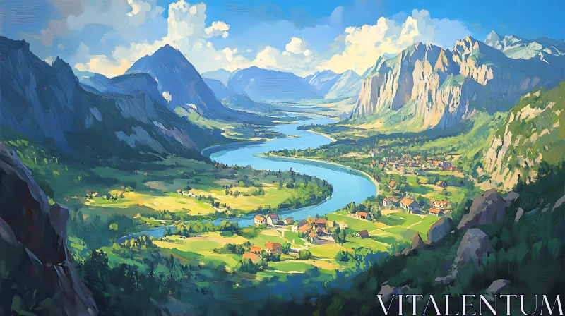 Picturesque Landscape of River Valley and Mountain Range AI Image