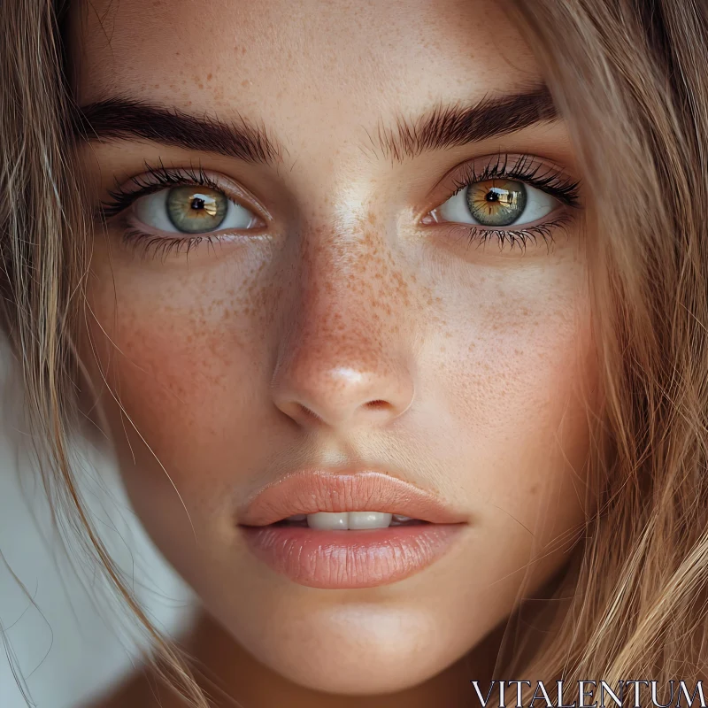 Freckled Woman with Green Eyes in Close-Up AI Image