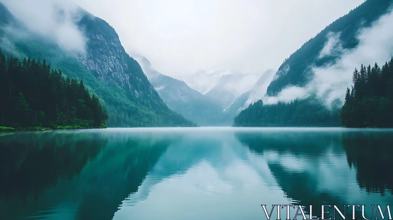 Tranquil Lake with Mirror Reflections and Misty Mountains AI Image