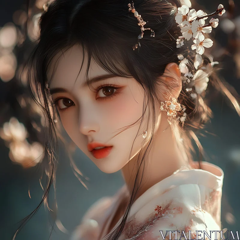 Serene Female Portrait Adorned with Blossoms AI Image