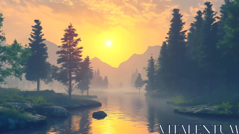 Golden Sunset over Calm Lake and Tree Silhouettes AI Image