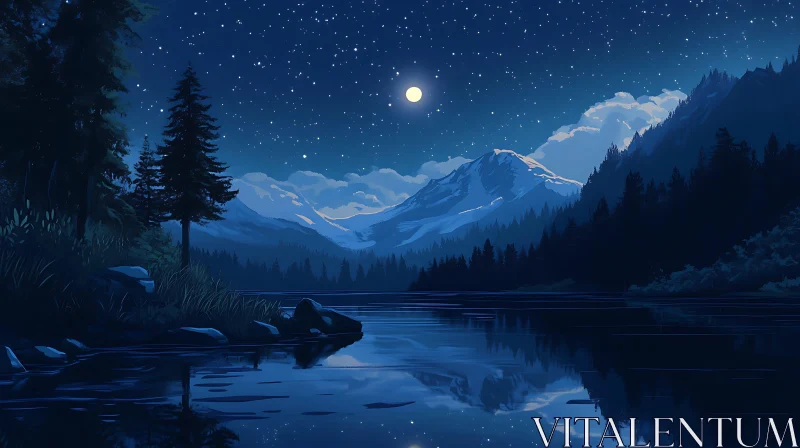 Moonlit Mountain Lake Reflection AI Image