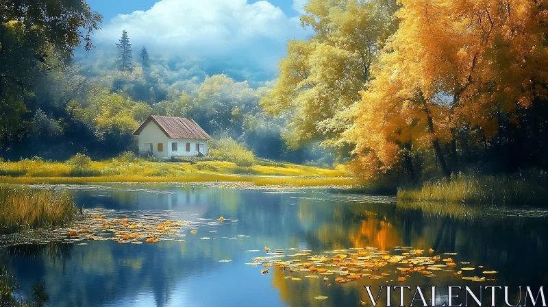 Tranquil Autumn Reflection at the Lakeside Cottage AI Image