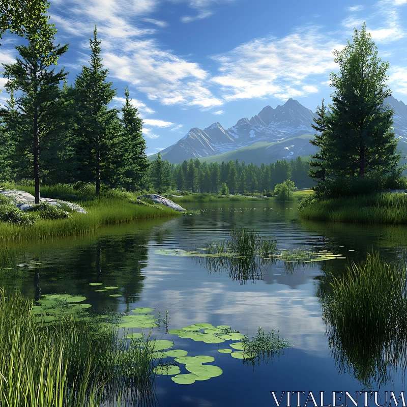 Peaceful Lake Scene with Mountain View and Trees AI Image