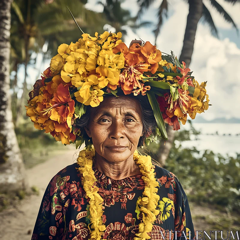 Cultural Portrait of Elderly Woman with Flower Headdress AI Image