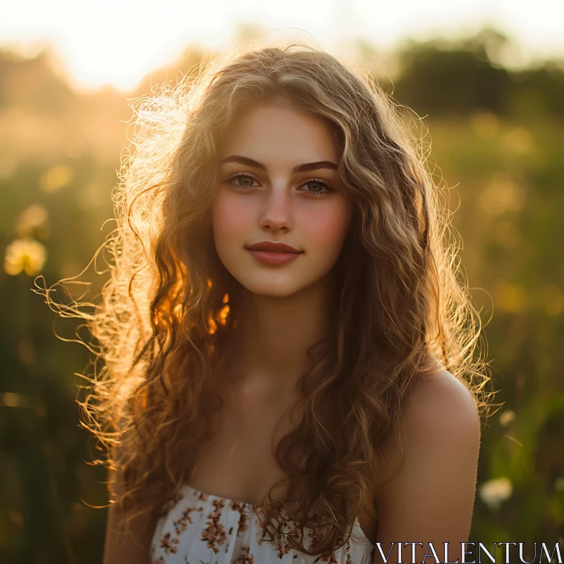 Sunlit Portrait of a Woman with Curly Hair AI Image