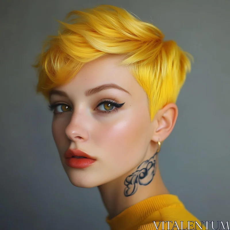 Portrait of a Woman with Vibrant Yellow Hair and Neck Tattoo AI Image