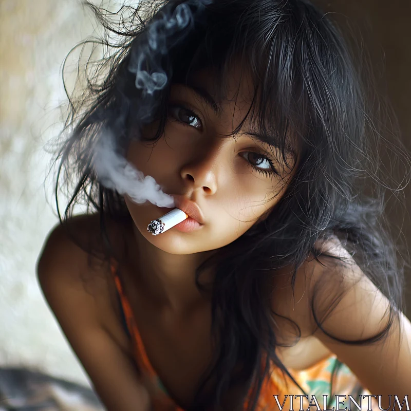 Woman Smoking with Intense Gaze Close-Up AI Image