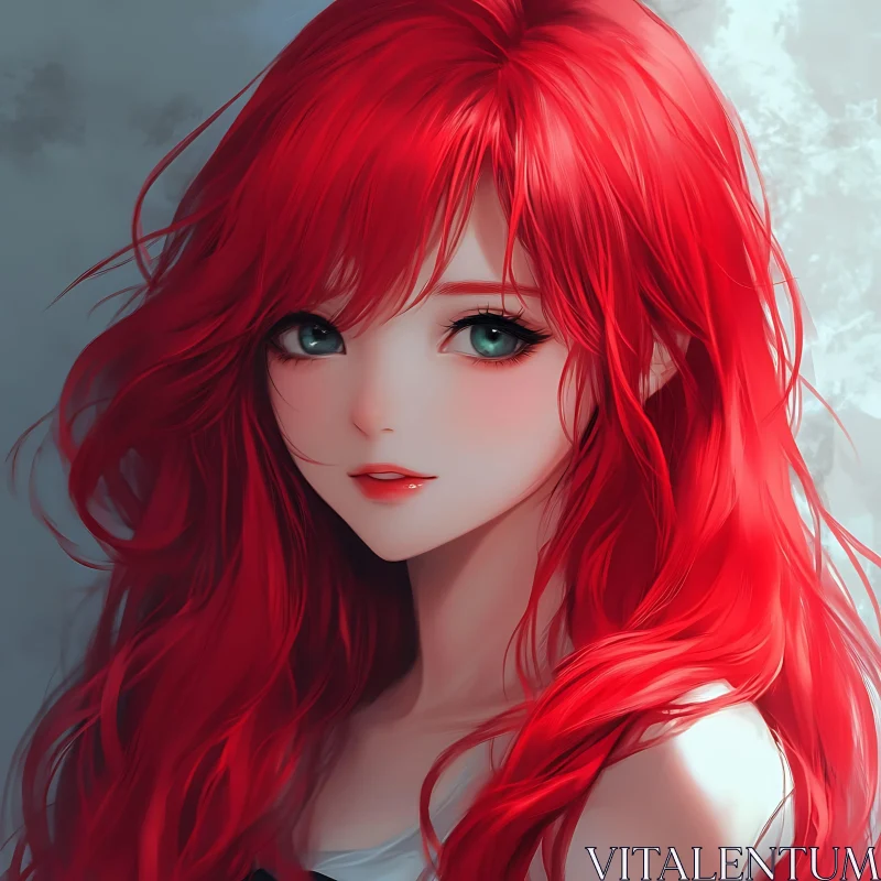 Anime Girl with Red Hair and Green Eyes AI Image