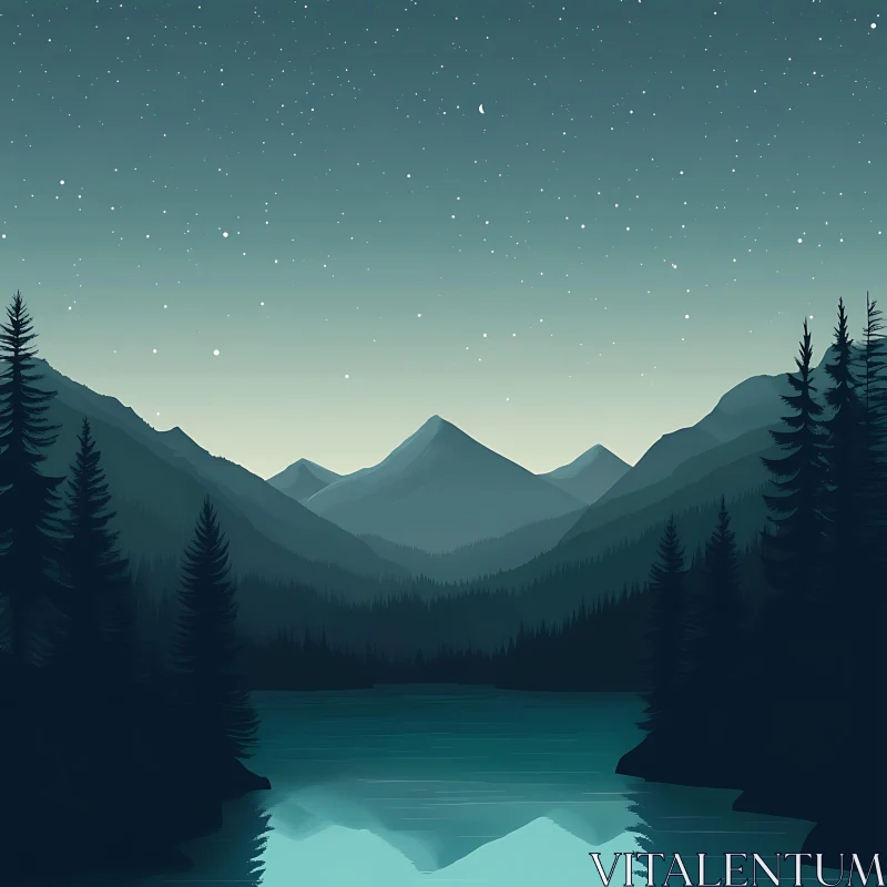 Calm Night at the Mountains with Starry Sky AI Image