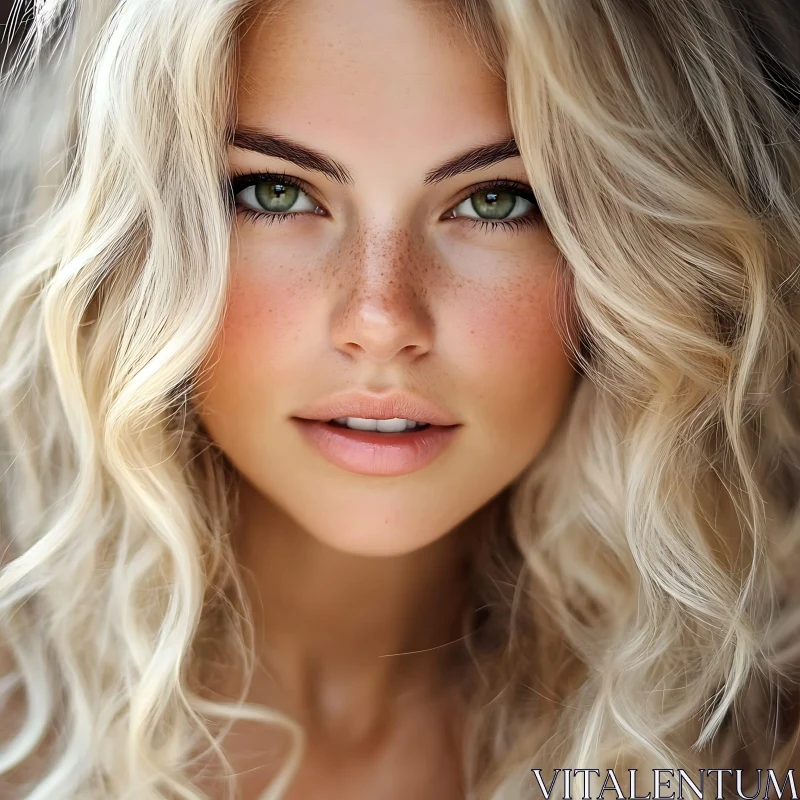 Blonde Woman with Freckles and Curly Hair AI Image