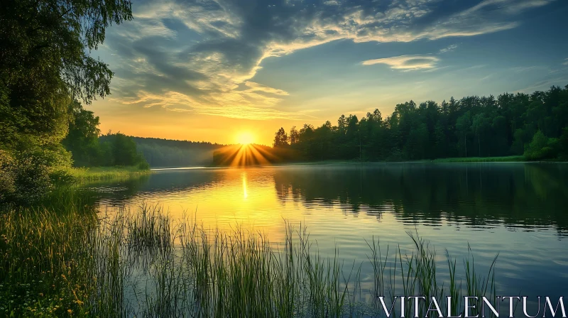 Golden Sunset Over Serene Lake with Greenery AI Image