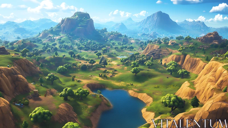 Scenic Mountain Valley with Lush Greenery and Stream AI Image