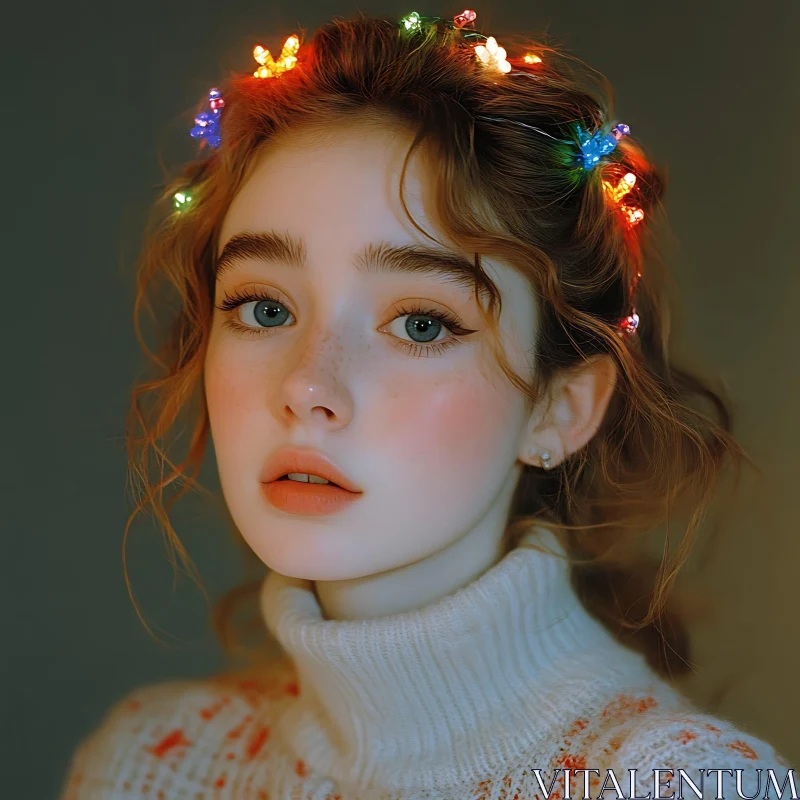 Serene Woman in Cozy Sweater with Glowing Fairy Lights AI Image