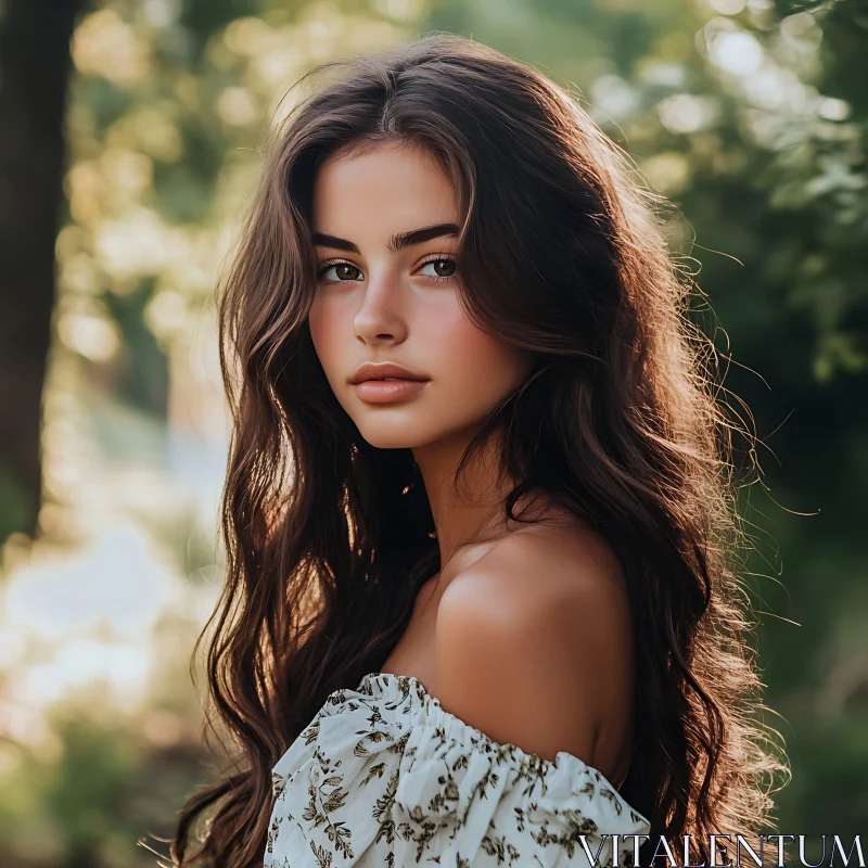 Natural Outdoor Portrait of a Woman with Wavy Hair AI Image