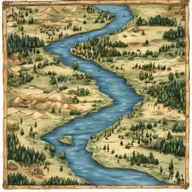 Vintage Style River Map Illustration with Forests and Hills