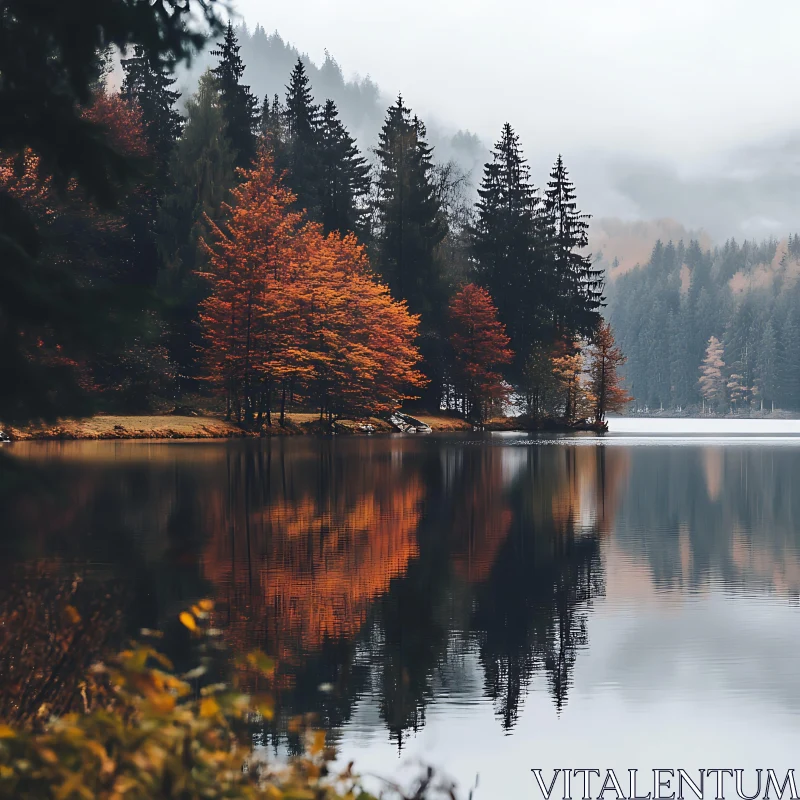 Peaceful Autumn Lake Scene with Reflective Trees AI Image