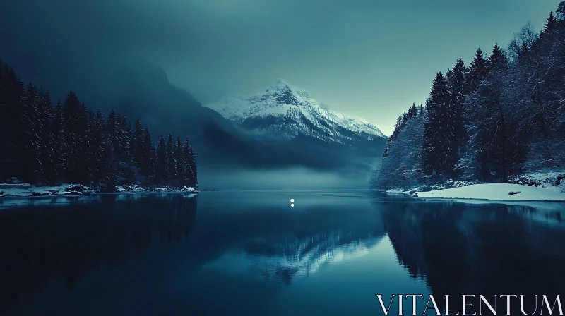 Tranquil Winter Scene with Lake and Mountains AI Image