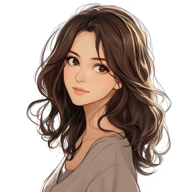 Graceful Anime Girl with Wavy Brown Hair