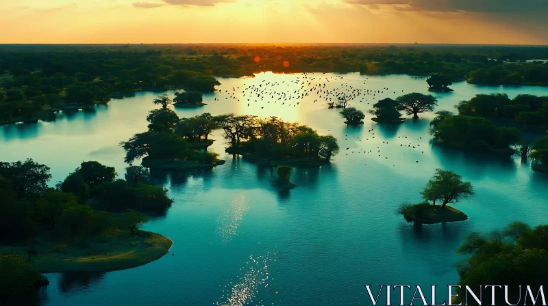 Scenic Sunset Over a Serene Lake with Islands AI Image