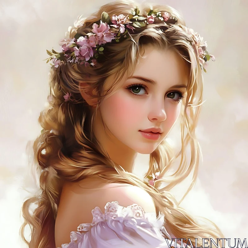 Delicate Beauty in Flower Adorned Hair AI Image