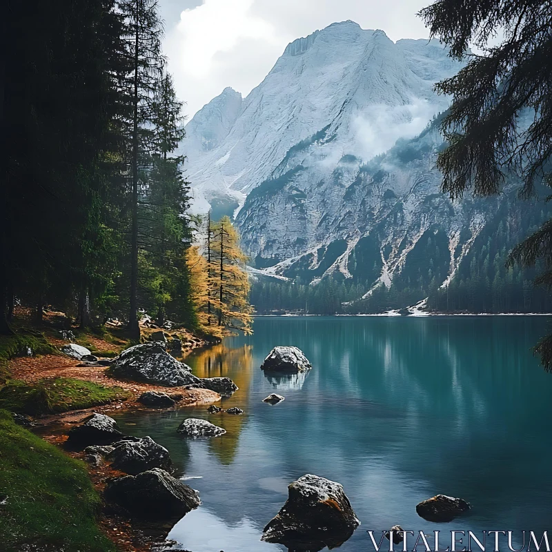 Tranquil Mountain Lake Scene AI Image