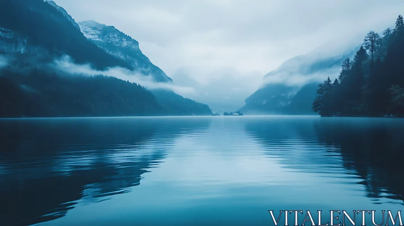 Tranquil Lake with Mountain Reflections and Mist AI Image