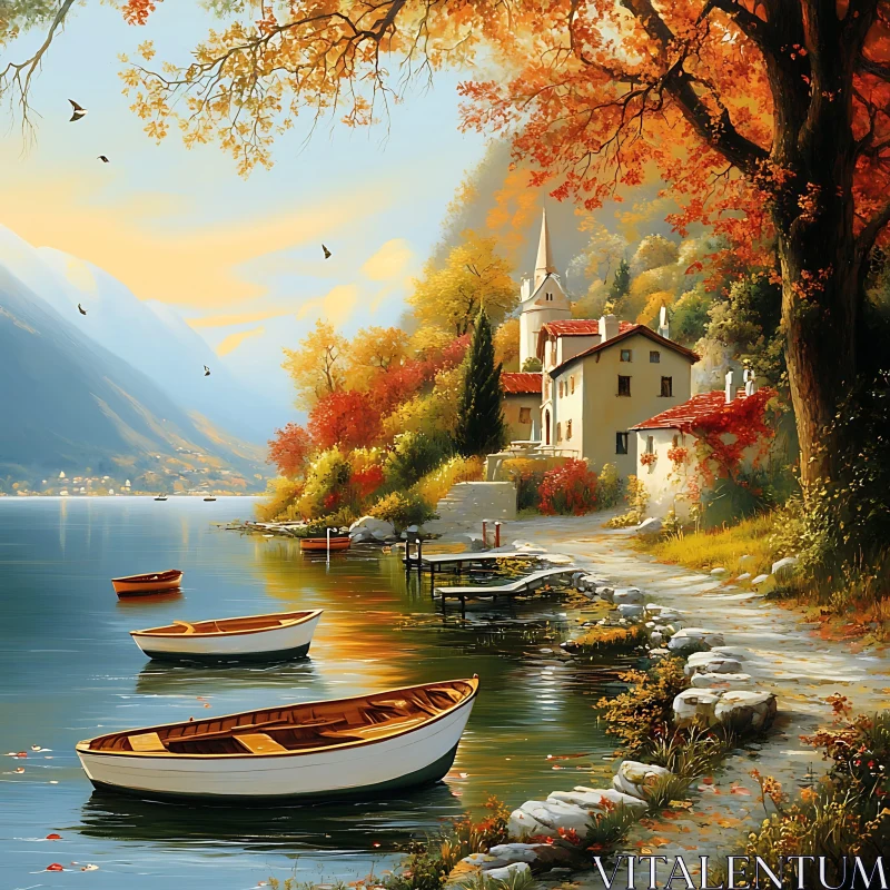 AI ART Serene Autumn Lakeside Scene with Boats