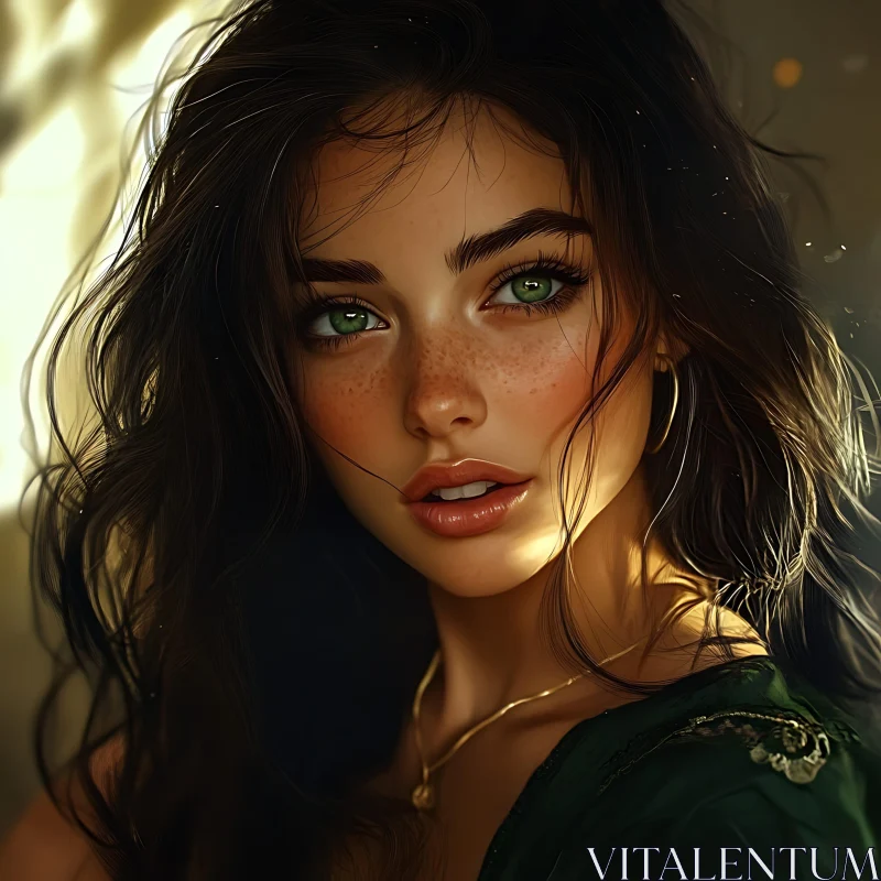 Freckled Beauty with Green Eyes in Sunlight AI Image