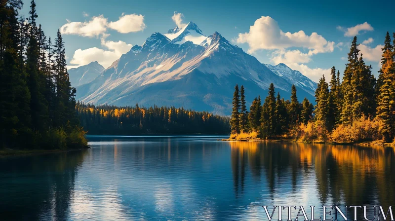 Tranquil Lake with Mountain Reflection and Autumn Trees AI Image