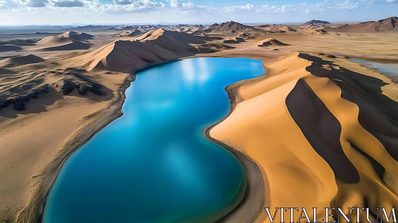 Stunning Desert Oasis with Blue Lake and Sand Dunes AI Image