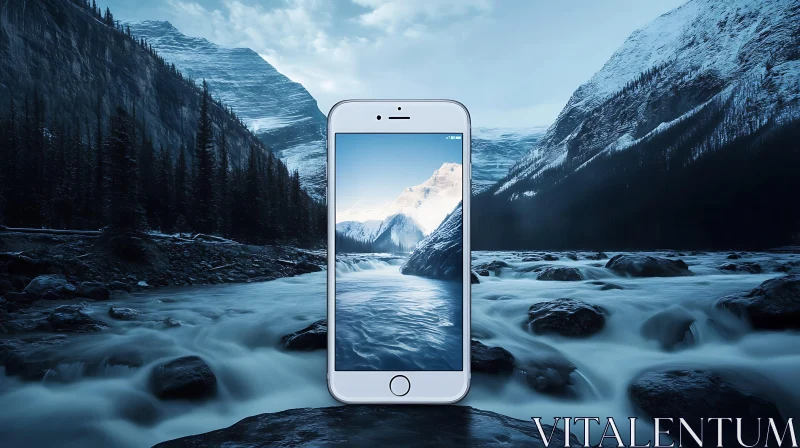 Smartphone in Serene Mountain River View AI Image