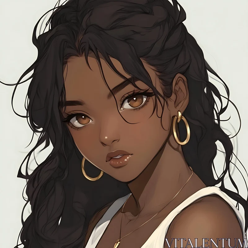 Beautiful Woman Illustration with Curly Hair and Jewelry AI Image