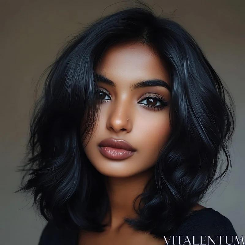 Portrait of Woman with Captivating Eyes and Elegant Hair AI Image