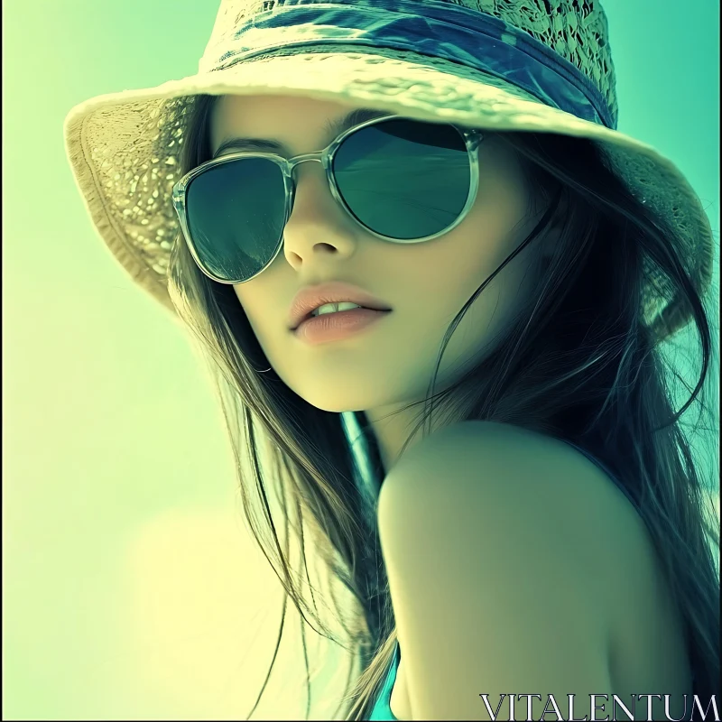 Fashionable Woman in Sunglasses and Summer Hat - Stylish Portrait AI Image