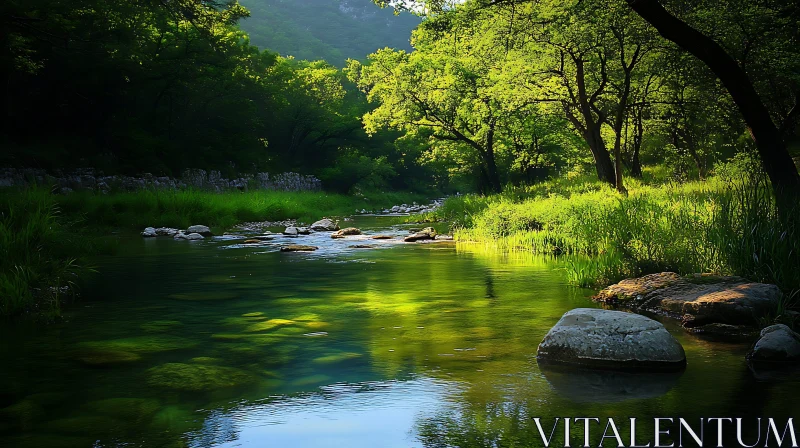 Tranquil River Scene with Greenery and Sunlight AI Image