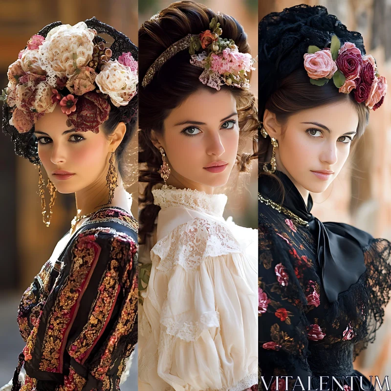 AI ART Elegant Floral Adorned Vintage Fashion Portraits