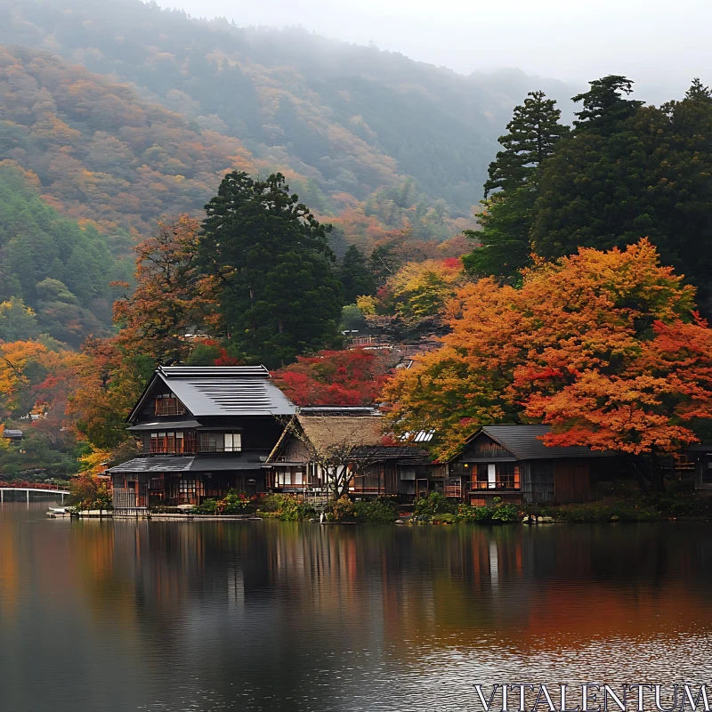 AI ART Autumn Lake View with Wooden Cabins and Colorful Foliage