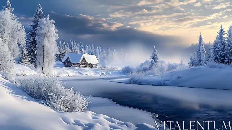 Winter Wonderland Cabin with Snow and River AI Image