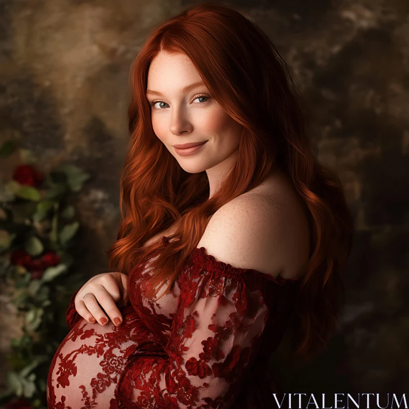 Serene Red-Haired Maternity Portrait AI Image