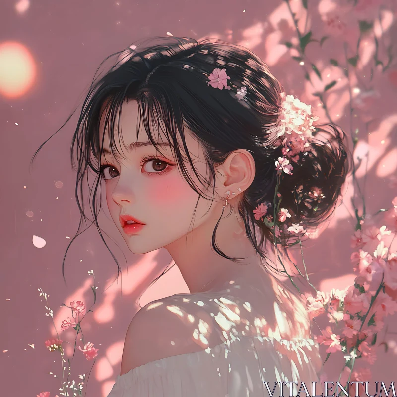 Gentle Anime Beauty with Floral Adornments AI Image