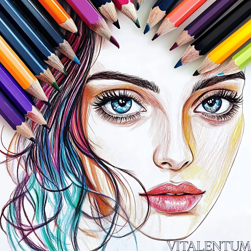 Multicolored Hair Woman Portrait Sketch AI Image