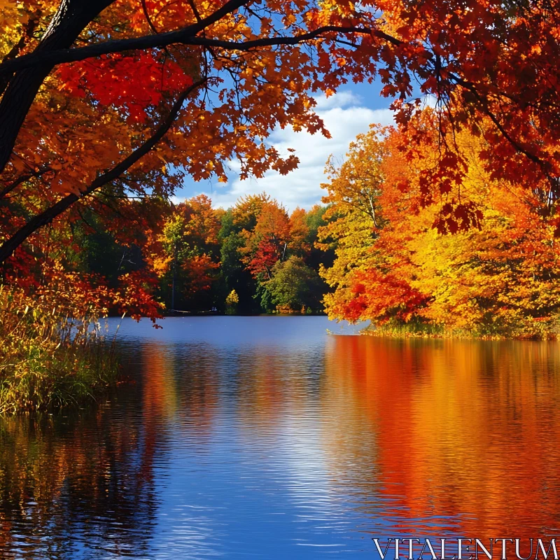 Tranquil Lakeside Scene in Autumn Colors AI Image